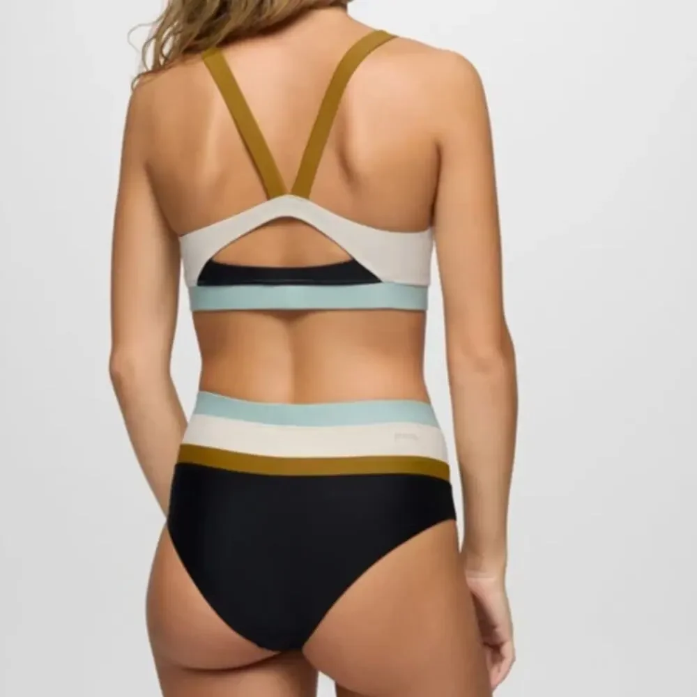 Prana Baja Bound Sport Top & High Rise Bottom Sz XS Black Colorblock Bikini Set